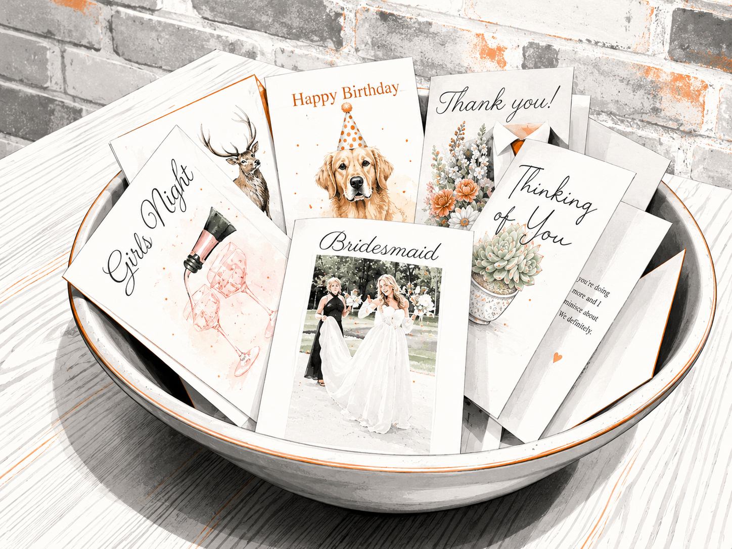 A bowl of printed Parrot Postage greeting cards: Happy Birthday, Thank You, Thinking of You, Girls Night, Bridesmaid, and more.