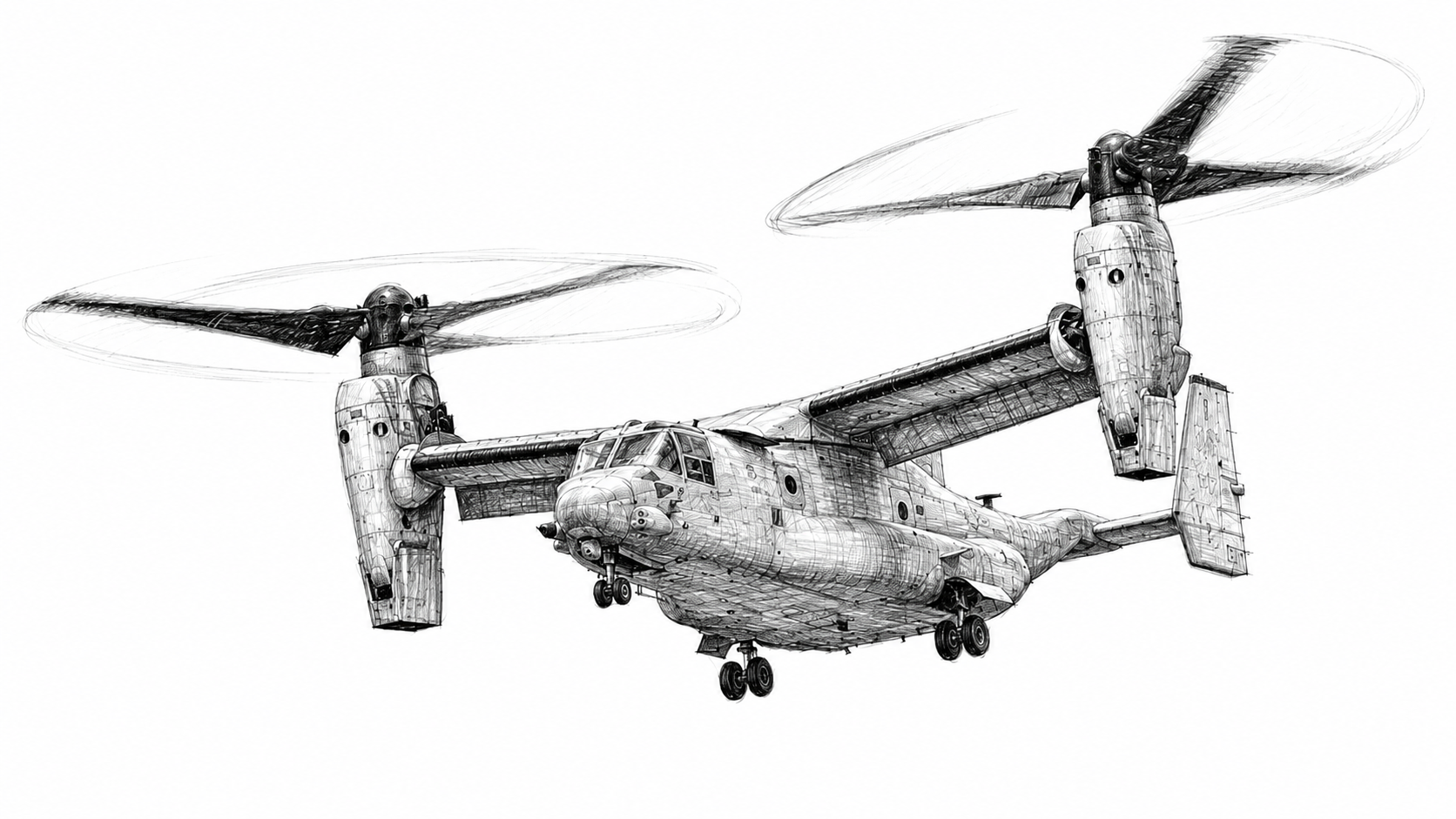 A pen drawing of an MV-22B Osprey tiltrotor in helicopter mode, rotors vertical and landing gear down.
