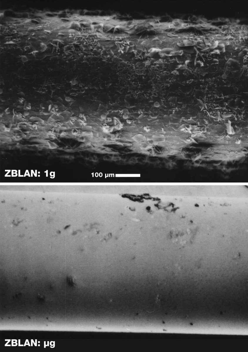 NASA electron micrographs: ZBLAN fiber drawn in 1g is covered in crystallites; the same fiber drawn in microgravity is smooth and clear.